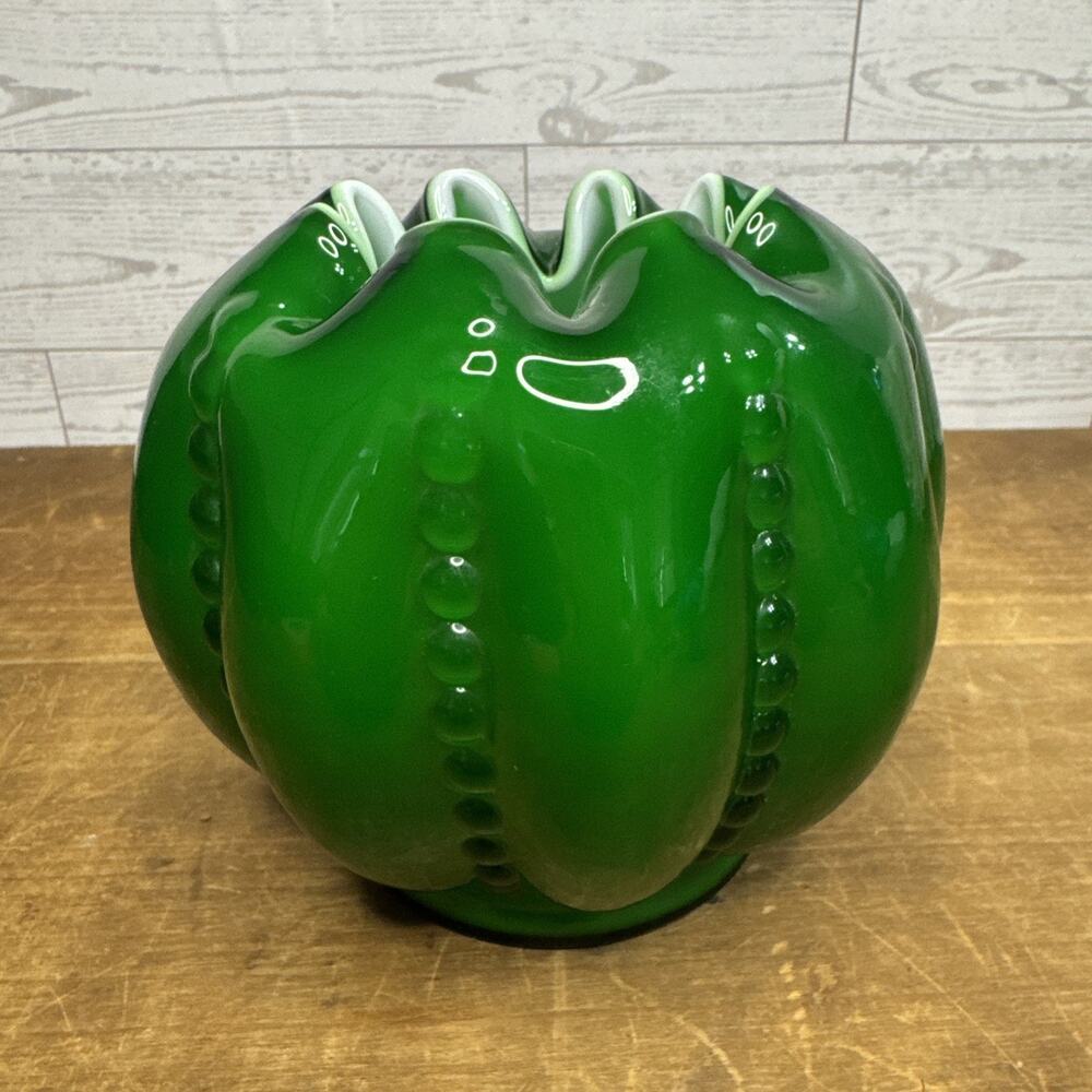 Rare Vintage Fenton Glass Rose Bowl Vase Green Overlay Beaded Melon Pattern